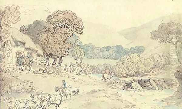 A river landscape with a drover with sheep in the foreground; possibly Cornwall Oil Painting by Thomas Rowlandson