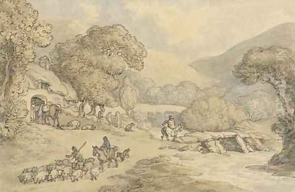 A shepherd with his flock before a cottage, beside a river Oil Painting by Thomas Rowlandson