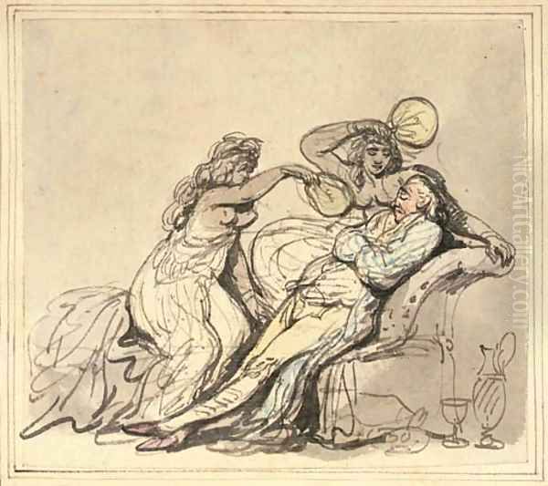 Deux femmes agitant des eventails devant un homme assis sur un fauteuil Oil Painting by Thomas Rowlandson