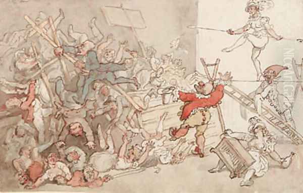 Dr. Syntax involved in the collapse of the theatrical booth Oil Painting by Thomas Rowlandson