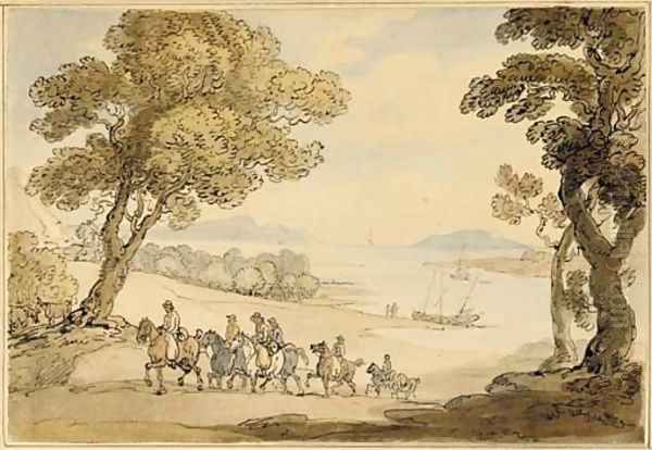 Riders ascending a hill above an estuary Oil Painting by Thomas Rowlandson