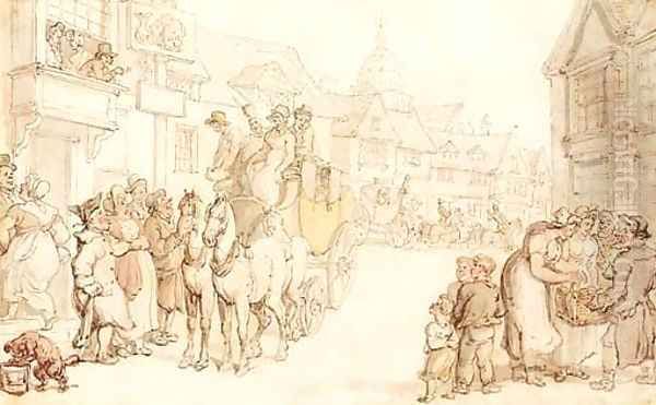 A coach and horses arriving at the Dolphin Inn Oil Painting by Thomas Rowlandson