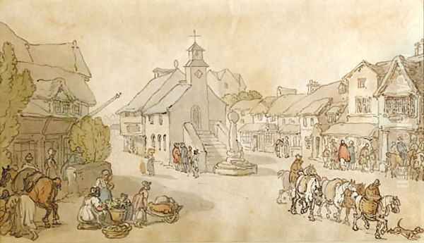 A street scene with figures and horses Oil Painting by Thomas Rowlandson