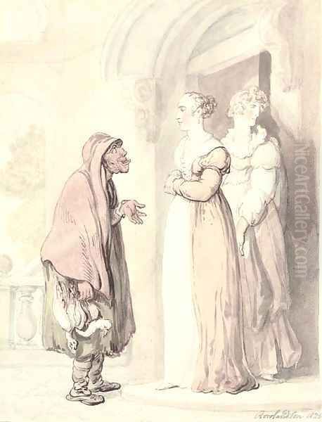 An old woman with two girls at a doorway Oil Painting by Thomas Rowlandson