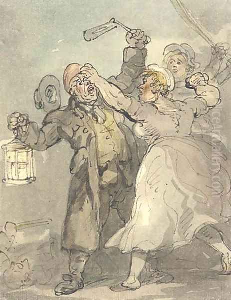 Attacking the night watchman Oil Painting by Thomas Rowlandson