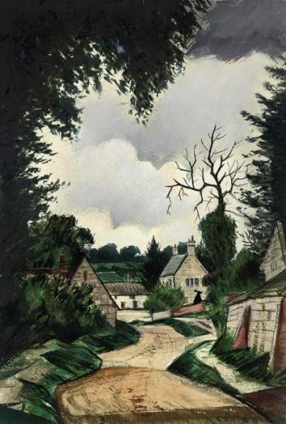 Village Lane Oil Painting by Christopher R. Wynne Nevinson