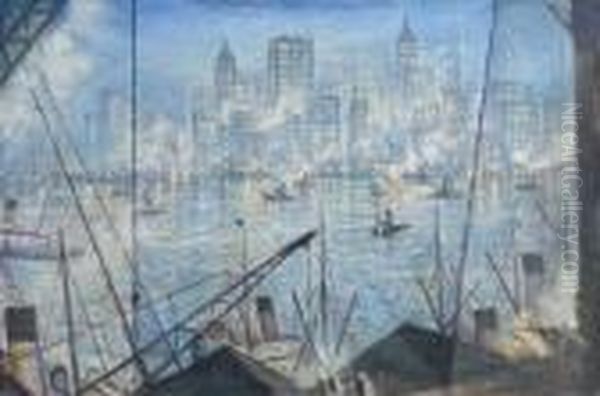 New York, Night Oil Painting by Christopher R. Wynne Nevinson