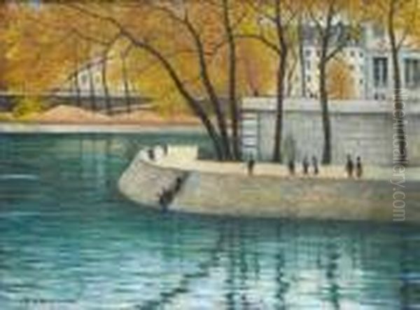 Fishing Beside The Seine, Paris Oil Painting by Christopher R. Wynne Nevinson