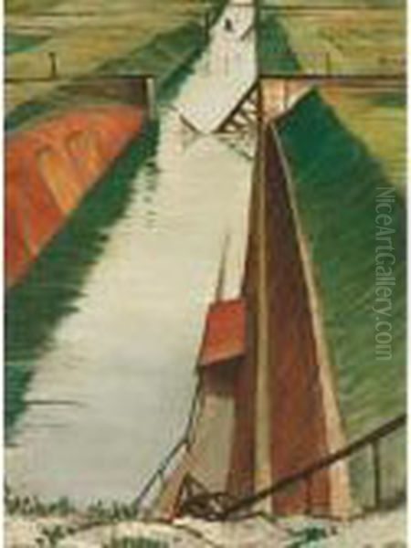 Canal And Fields Oil Painting by Christopher R. Wynne Nevinson