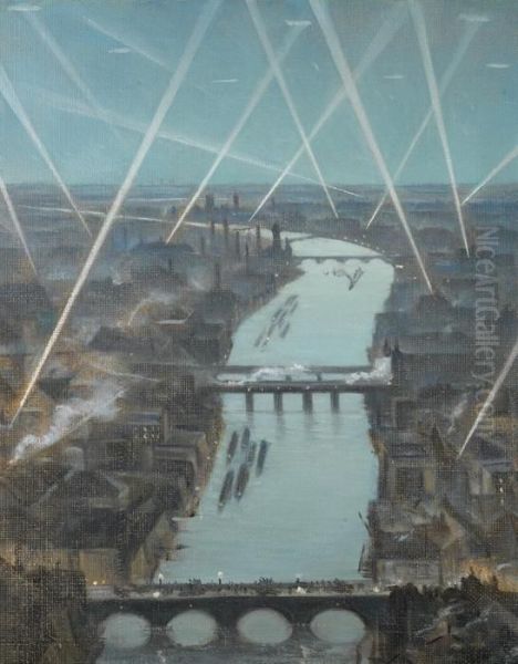 Among The London Searchlights Oil Painting by Christopher R. Wynne Nevinson