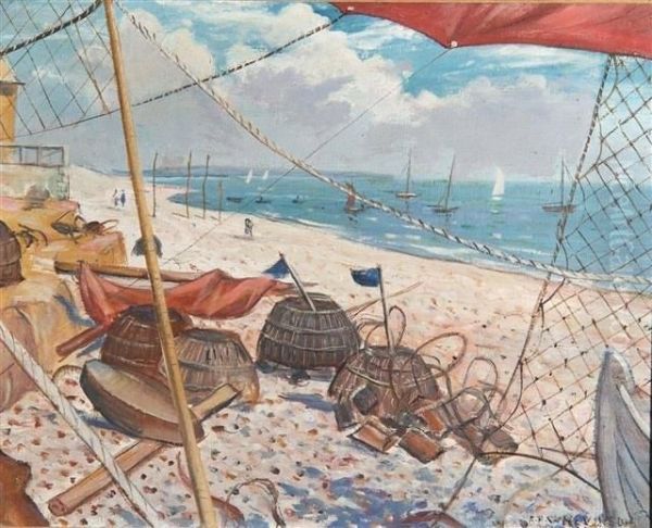 Beach Scene With Lobster Pots Oil Painting by Christopher R. Wynne Nevinson