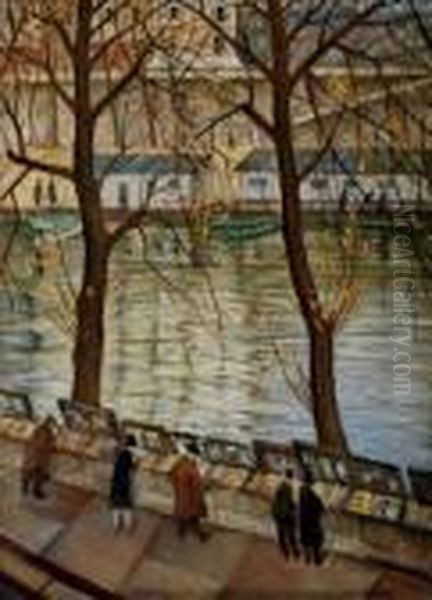 Les Bibliophiles, Autumn Day In Paris Oil Painting by Christopher R. Wynne Nevinson