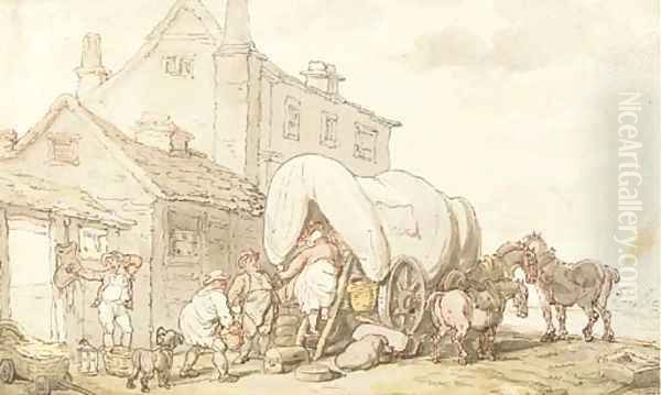 Ladies of easy virtue mounting a wagon outside an inn Oil Painting by Thomas Rowlandson