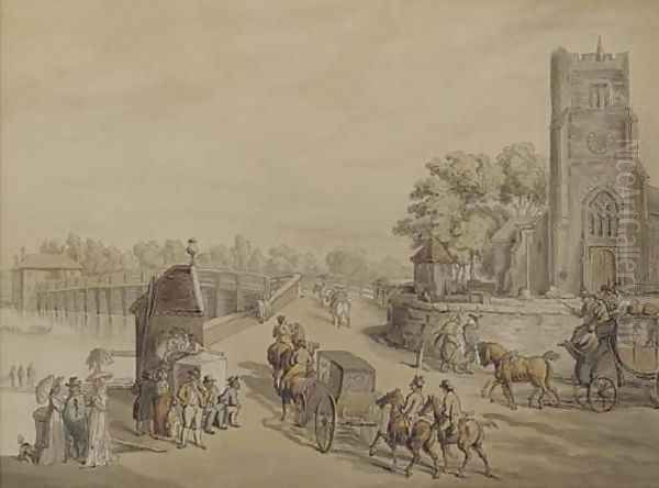 Bustling activity before St. Mary's Church with Putney Bridge beyond Oil Painting by Thomas Rowlandson