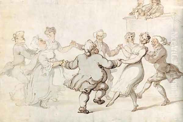 Figures dancing with musicians looking on Oil Painting by Thomas Rowlandson