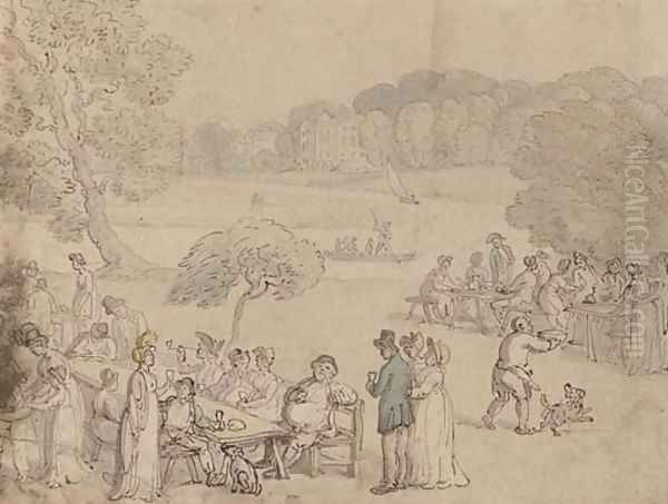 Figures picnicking by the Thames at Twickenham Oil Painting by Thomas Rowlandson