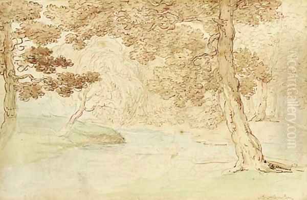 Landscape study with figures resting beneath a tree Oil Painting by Thomas Rowlandson