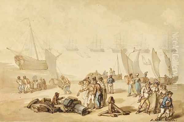 Passengers alighting from a ferry Oil Painting by Thomas Rowlandson