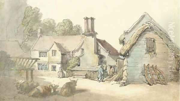 View of Cottage and barnyard Oil Painting by Thomas Rowlandson