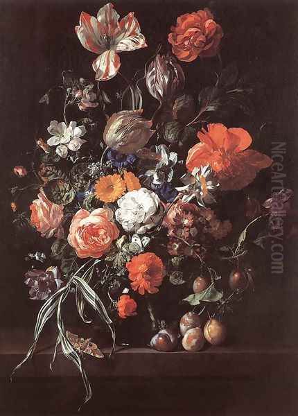 Still-Life with Bouquet of Flowers and Plums Oil Painting by Rachel Ruysch