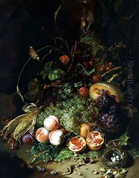 Still Life of Fruit with a Birds Nest and Insects, 1710 Oil Painting by Rachel Ruysch