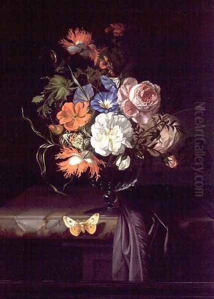 A Still Life of Flowers in a vase on a ledge Oil Painting by Rachel Ruysch