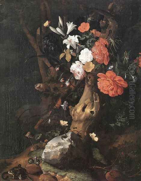 Flowers on a Tree Trunk Oil Painting by Rachel Ruysch