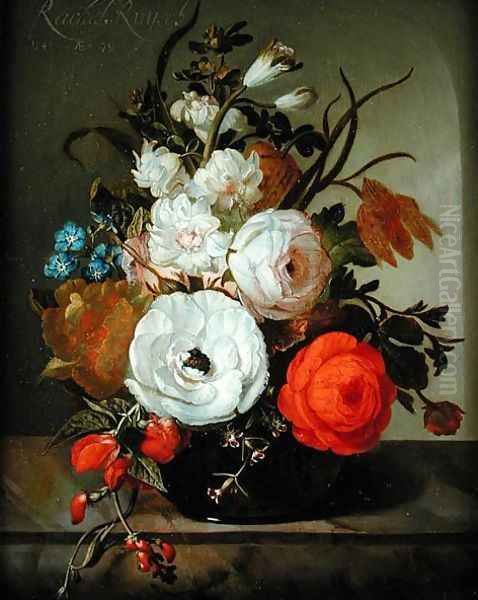 Still Life of Flowers in a Glass Vase, 1742 Oil Painting by Rachel Ruysch