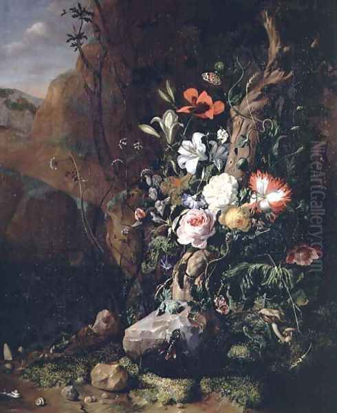 Treetrunk, flowers and butterflies Oil Painting by Rachel Ruysch