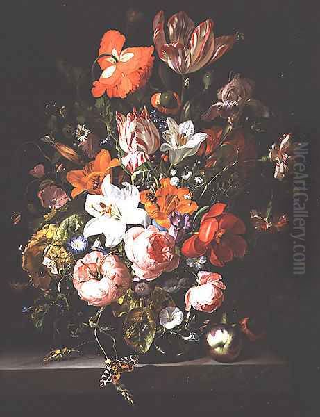 Still life of roses, lilies, tulips and other flowers in a glass vase with a Brindled Beauty on a stone ledge, 1704 Oil Painting by Rachel Ruysch