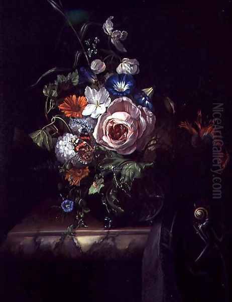 Roses and Other Flowers in a Glass Bowl Oil Painting by Rachel Ruysch