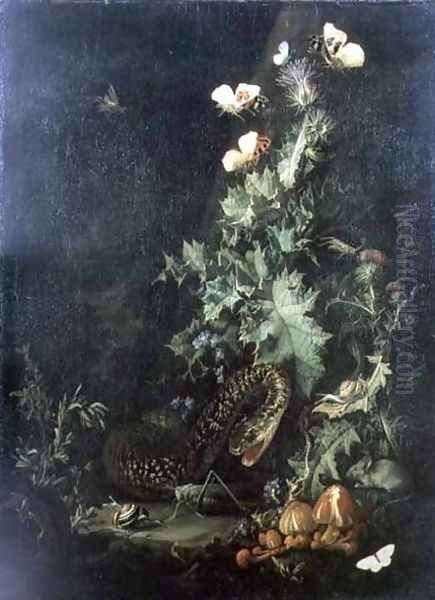 Still Life with a Snake Oil Painting by Rachel Ruysch