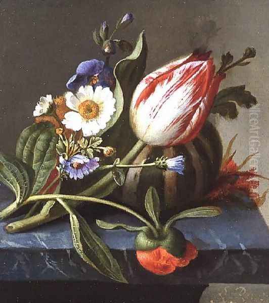 Still life of a tulip, a melon and flowers on a ledge Oil Painting by Rachel Ruysch