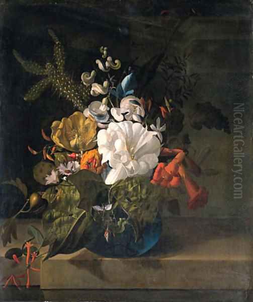 A white gentian, a cactus, a tulip and exotic flowers in a glass vase on a ledge Oil Painting by Rachel Ruysch