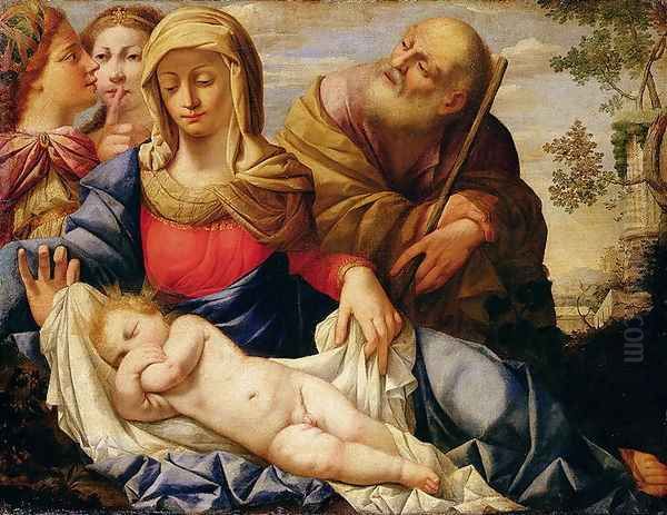 Holy Family with Two Female Figures, mid-17th century Oil Painting by Francesco de' Rossi (see Sassoferrato)