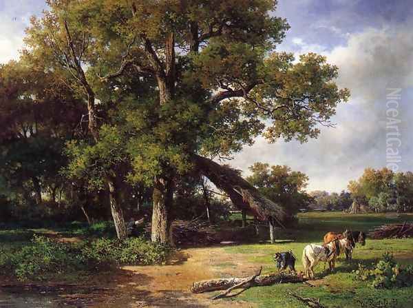 A Wooded Landscape with Farmers Gathering Wood Oil Painting by Willem Roelofs