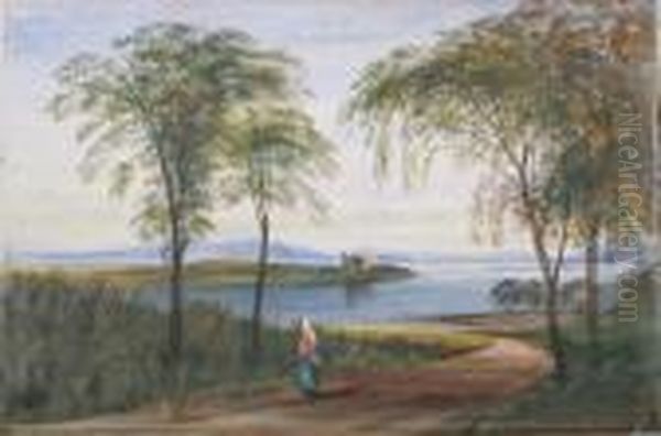 Dunstaffnage Castle With A Woman Walking On The Shore Oil Painting by Andrew Nicholl