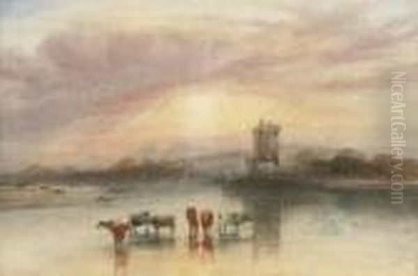 Cattle Wattering, A Castle Beyond Oil Painting by Andrew Nicholl