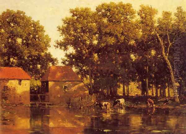 A Sunlit River Landscape With Cows Watering Oil Painting by Willem Roelofs