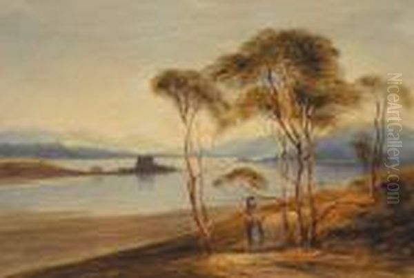 Woman On A Path By A Lake, Castle Beyond Oil Painting by Andrew Nicholl