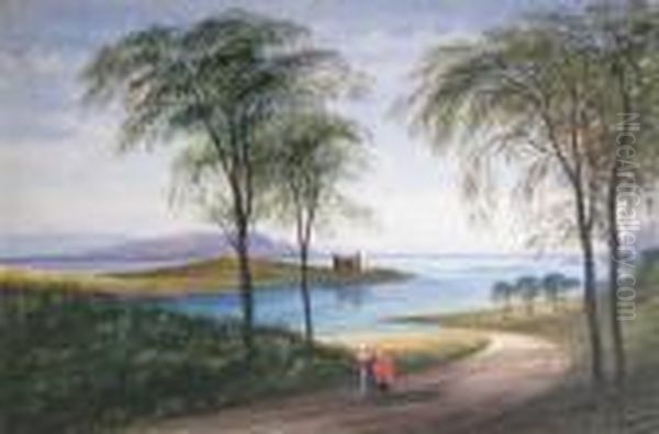 Dunstaffnage Castle With Figures On The Shore Oil Painting by Andrew Nicholl