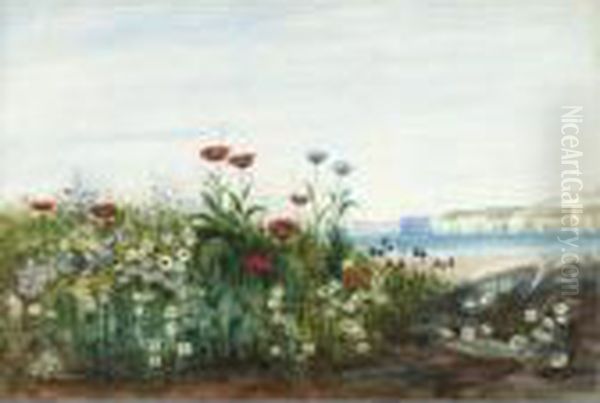 A Bank Of Wild Flowers With The North Antrim Coast Beyond Oil Painting by Andrew Nicholl