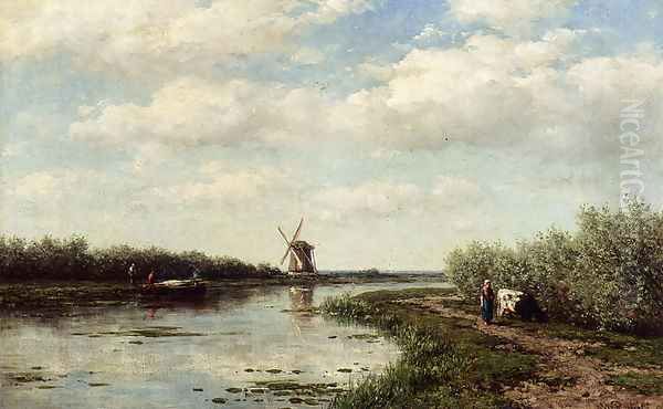 Figures On A Country Road Along A Waterway A Windmill In The Distance Oil Painting by Willem Roelofs