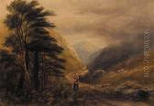 A Woman On A Mountain Path Oil Painting by Andrew Nicholl