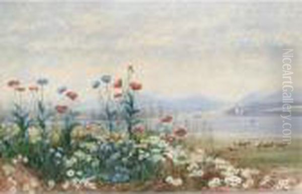 A Bank Of Wild Flowers With Cattle Grazing, A Lough And Castle Beyond Oil Painting by Andrew Nicholl