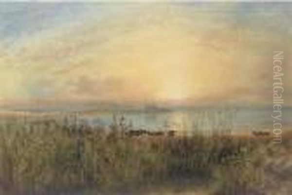 A Lake Landscape With Cattle Grazing And A Castle Beyond Oil Painting by Andrew Nicholl