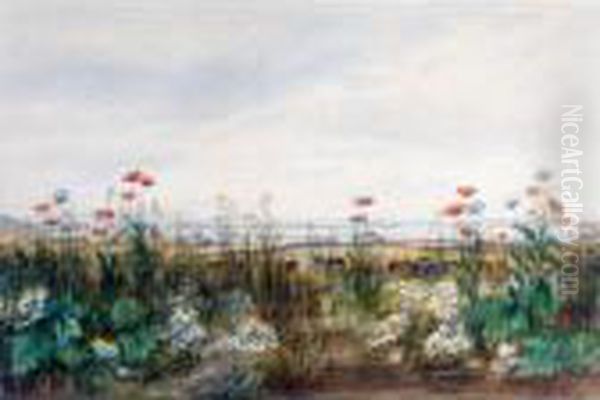 A Bank Of Wild Flowers With Cattle Grazing, A Coastal Town Beyond Oil Painting by Andrew Nicholl