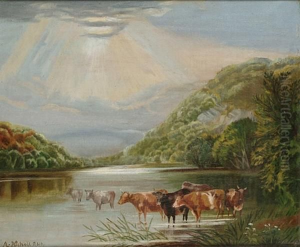 Cattle Watering Oil Painting by Andrew Nicholl