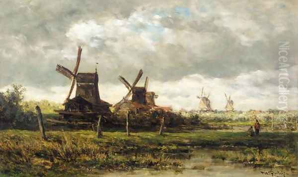 Landscape with Windmills and Two Figures Oil Painting by Willem Roelofs