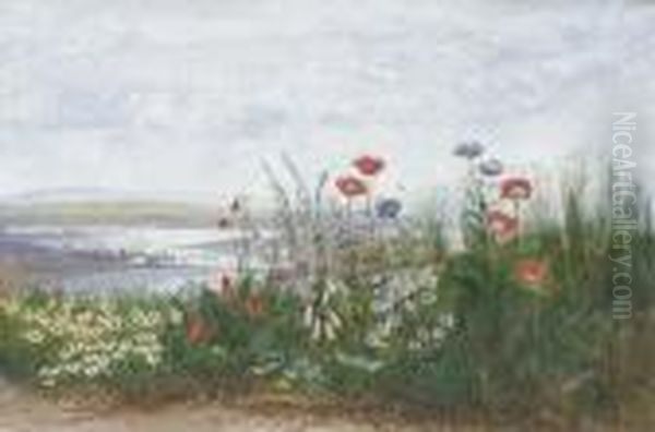 Poppies, Ox-eye Daisies, 
Dandelions And Foxgloves At The Edge Of Afield, With A View Of 
Londonderry Beyond Oil Painting by Andrew Nicholl